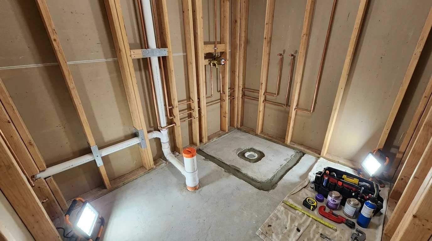 Bathroom rough-in plumbing during remodel by Johns Plumbing LLC in Swannanoa