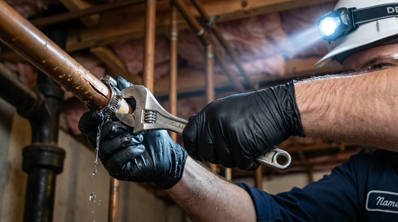 Emergency pipe clamp repair being performed by a Johns Plumbing LLC plumber in Swannanoa