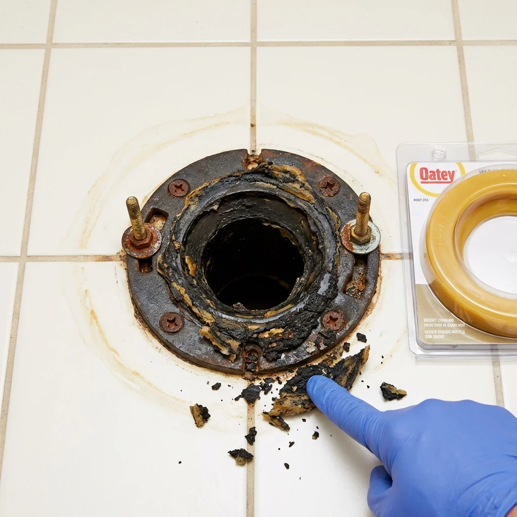 Failed wax ring showing water seepage at the base of a toilet in a Swannanoa, NC home