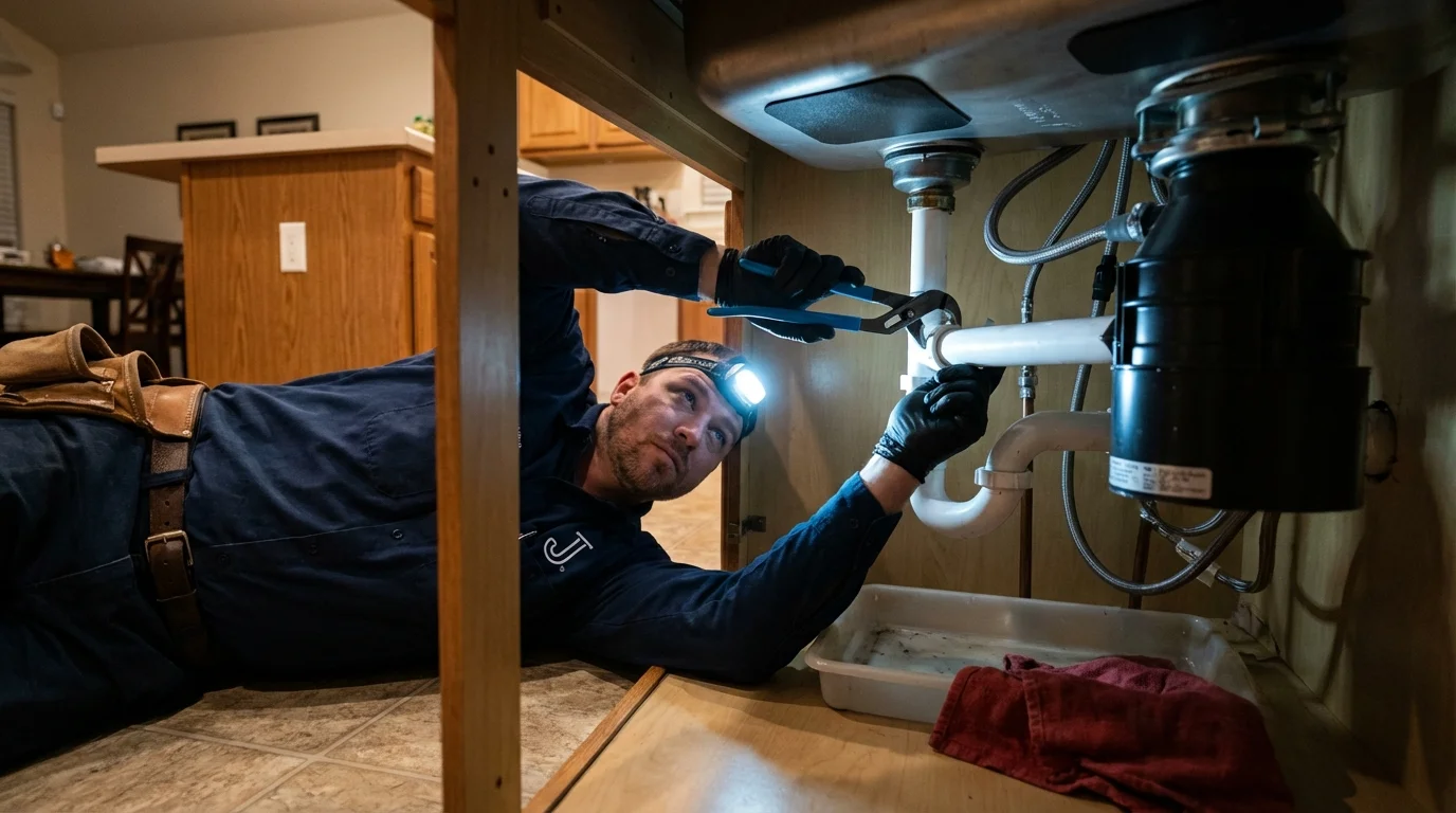 P-trap and supply line connections under a kitchen sink showing a common leak point in Swannanoa, NC